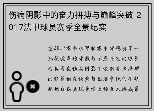 伤病阴影中的奋力拼搏与巅峰突破 2017法甲球员赛季全景纪实