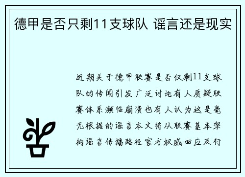 德甲是否只剩11支球队 谣言还是现实